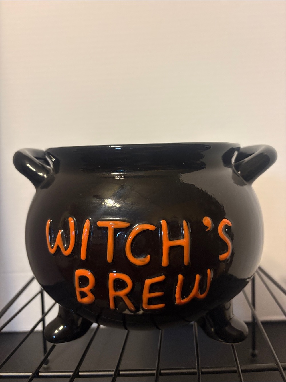 Halloween Ceramic Cauldron Candy Holder - Black and Orange 6in X 9in